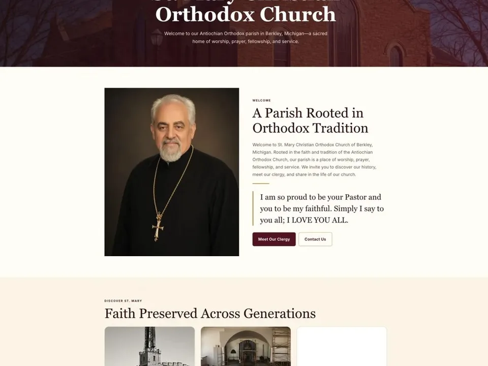 St. Mary Orthodox Church Berkley homepage with a welcome from the pastor