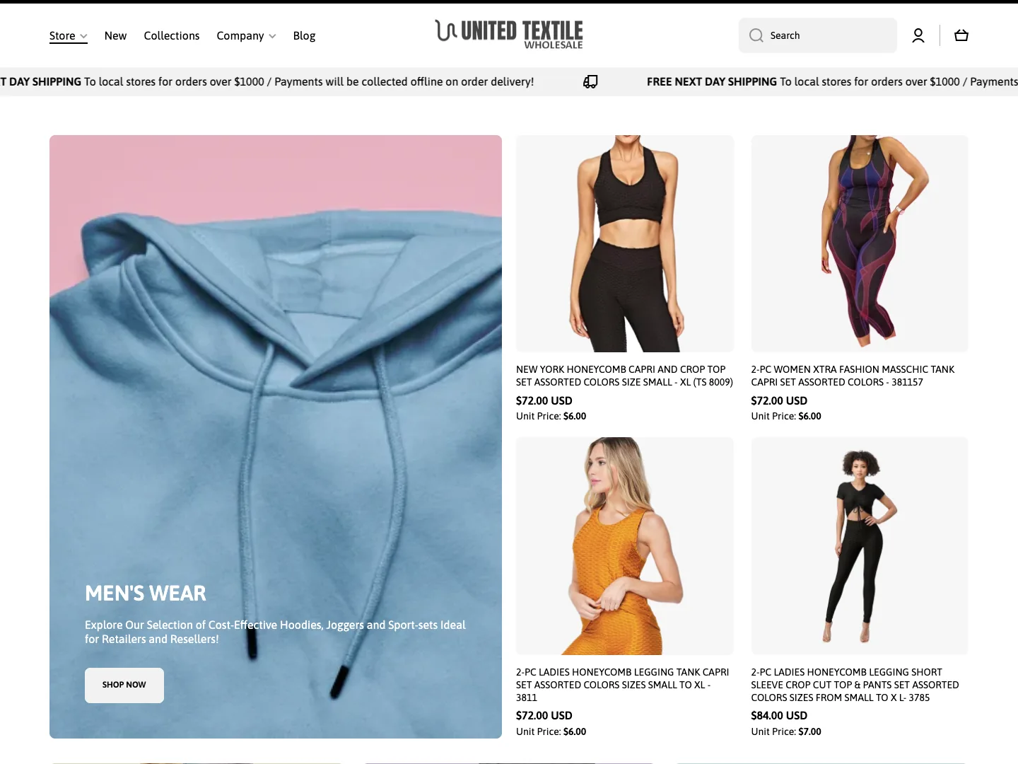 United Textile wholesale storefront with collections and case pricing