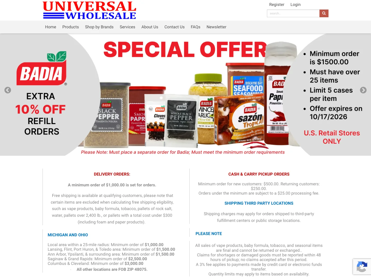 Universal Wholesale storefront showing navigation, wholesale categories and product browsing