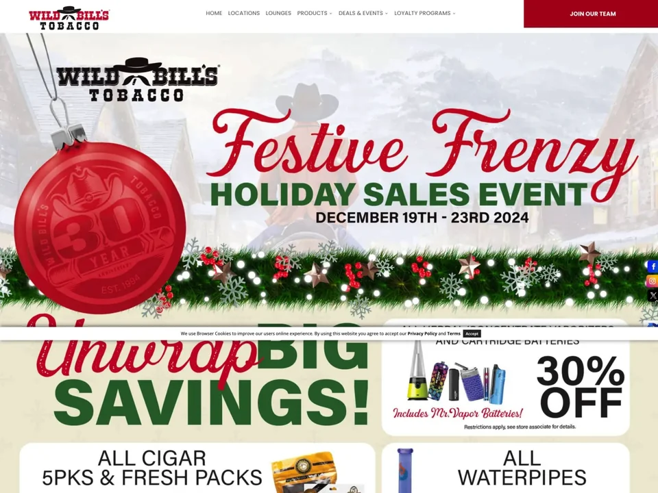 Wild Bill’s 2024 Christmas sale landing page with holiday artwork and product offers