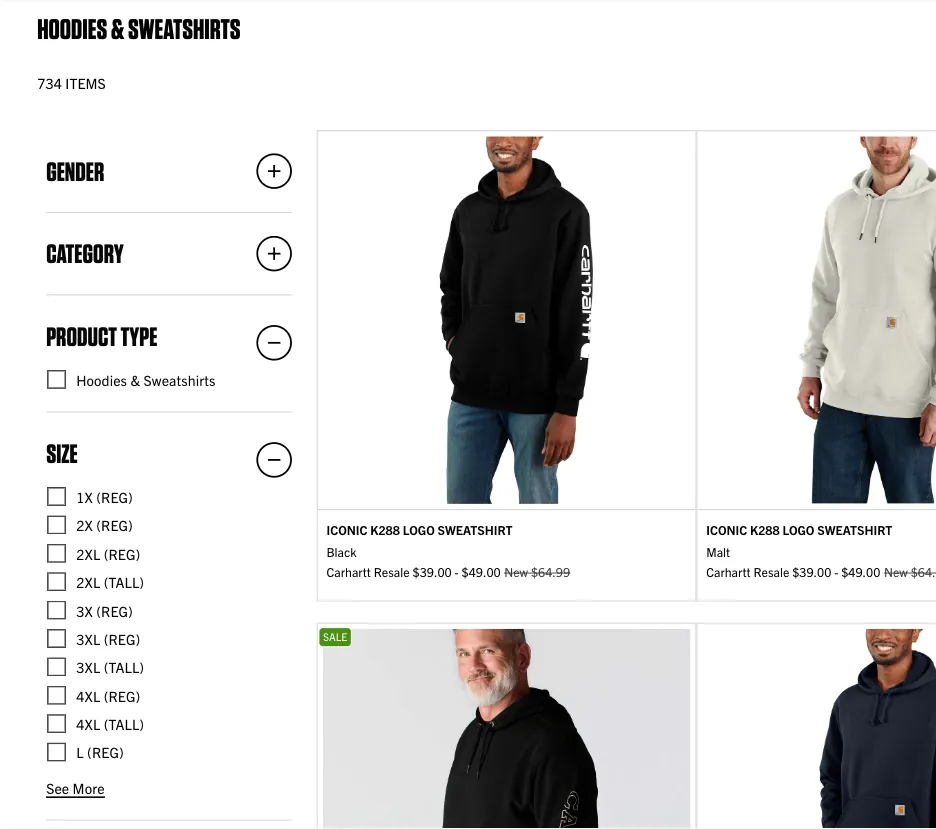 Hoodies & Sweatshirts, Size facet expanded: alphabetical order, M/S/XL behind “See More.”