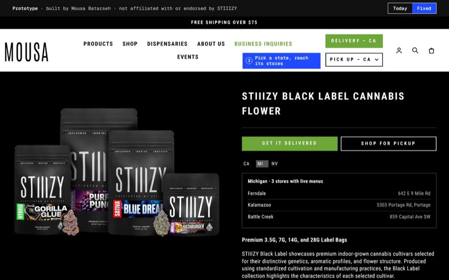 The prototype's Black Label page in Fixed mode, showing the three Michigan stores