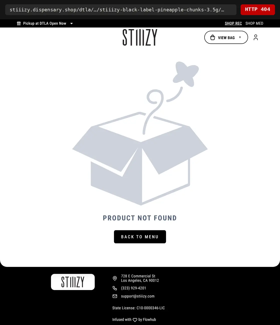 Flowhub DTLA menu page for Black Label Pineapple Chunks 3.5g: an empty box illustration, the words Product not found and a Back to menu button. The address bar reads HTTP 404.