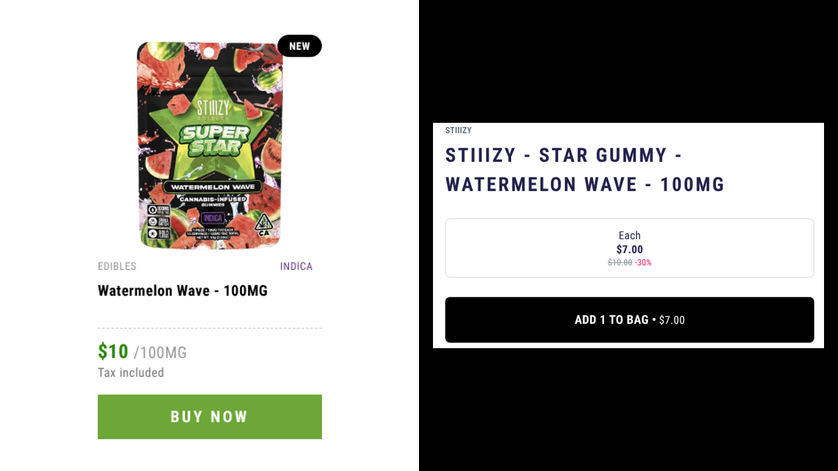 Watermelon Wave gummy priced 10 dollars on stiiizy.com beside the same product priced 7 dollars on the DTLA menu