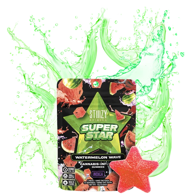 Watermelon Wave gummy pouch and red star gummy shown on the store menu