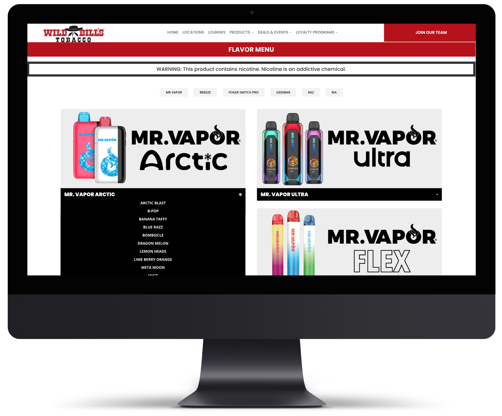 Wild Bill’s Tobacco Disposable Menu
