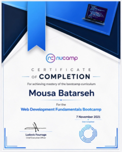 HTML, CSS & JavaScript — NuCamp course certificate for Mousa Batarseh.